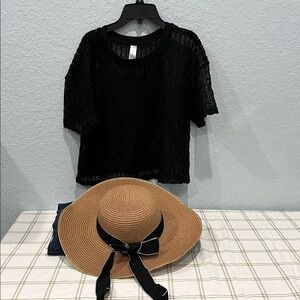 Black Sheer Knit Top and Tan Wide Brim Hat Set